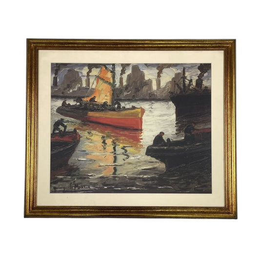 Arte con Vidrio  QUINQUELA MARTIN  Estilo Paisajismo Obra 48 cm X 58 cm Marco 68 cm X 78 cm