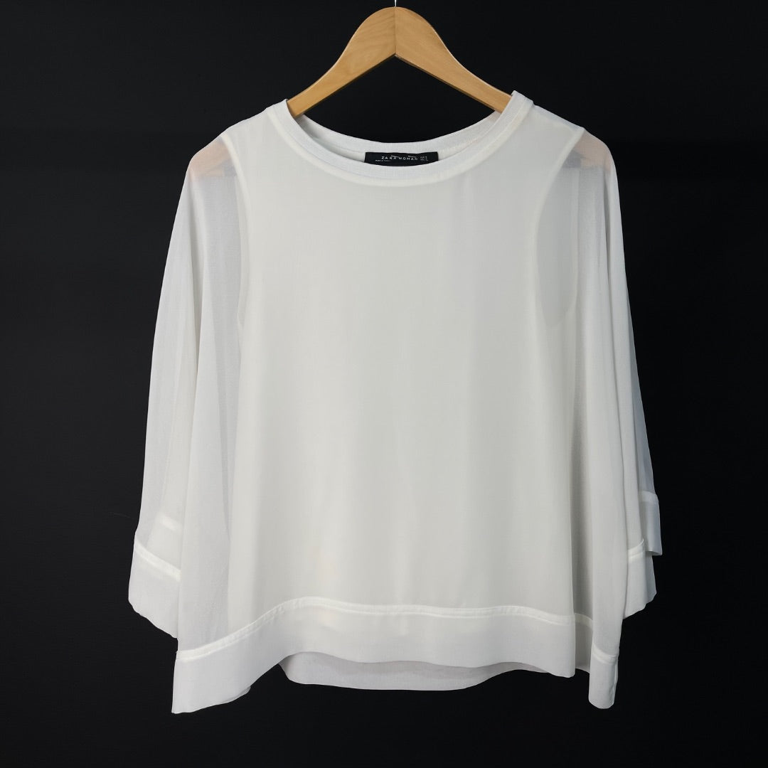 ZARA Blusa Manga Larga Blanco Talle S